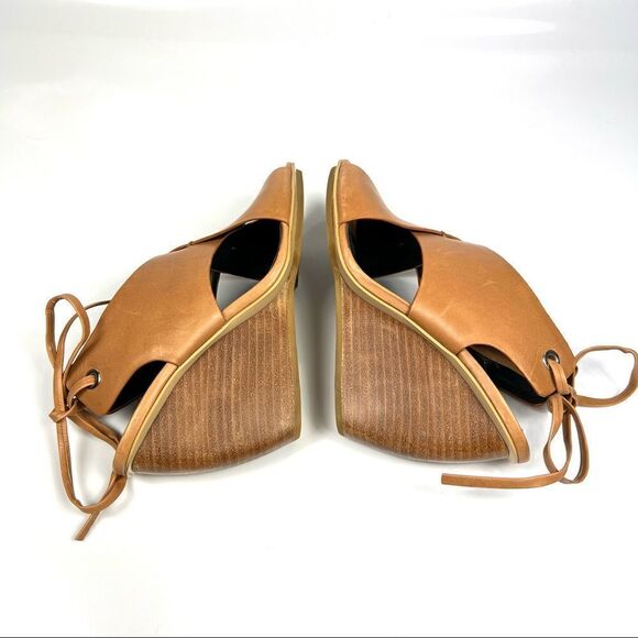 REBECCA MINKOFF Size 6 Eden Leather Criss Cross Curved Wedge Peep Toe Tan - Picture 6 of 10